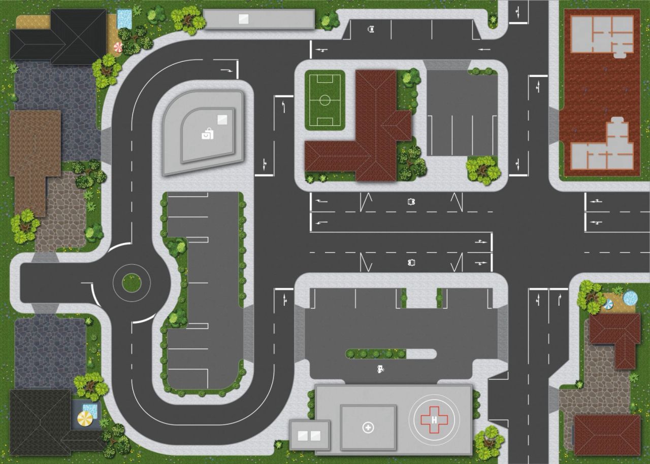Spielteppich Karl Autoteppich Karl mit Krankenhaus und Schule - Dein Spielteppich